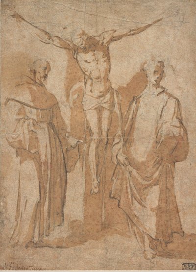 Christus aan het kruis geflankeerd door twee heiligen door Sebastiano Vini