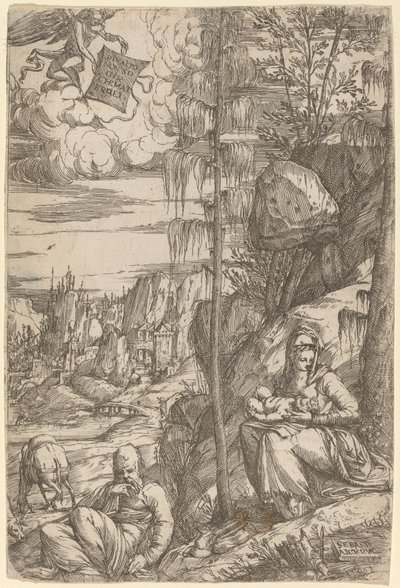 Landschap met de Rust tijdens de Vlucht naar Egypte door Sebastiano de Valentinis