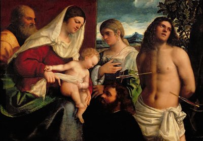 Sacra Conversazione met HH. Catharina, Sebastiaan en Heilige Familie door Sebastiano del Piombo