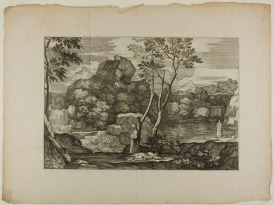 Landschap met een dode man en twee priesters door Sébastien Bourdon