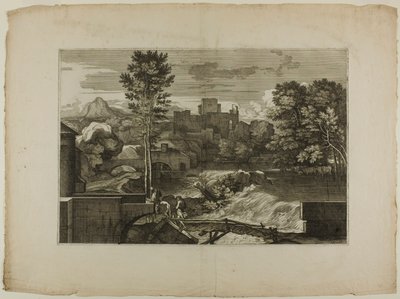 Waterval bij een stenen brug, met kasteel in de verte door Sébastien Bourdon