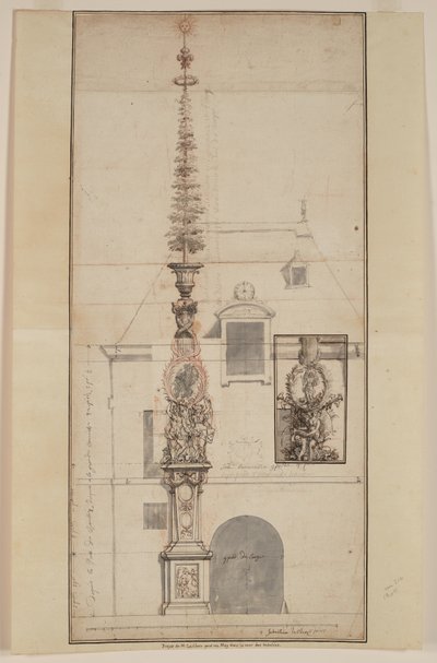 Projet de Mai des Gobelins permanent (recto) (zwart krijt, rood krijt, pen en zwarte en bruine inkt, grijs gewassen, op twee samengevoegde vellen) door Sebastien I Le Clerc