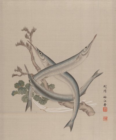 Drie vissen en een tak, ca. 1890-92 door Seki Shuko