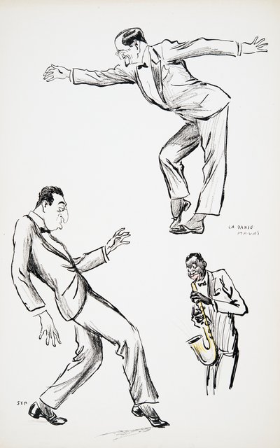 Twee heren in zwarte stropdas voeren La Danse Havas uit op de saxofoon, uit White Bottoms, uitgegeven 1927 door Sem