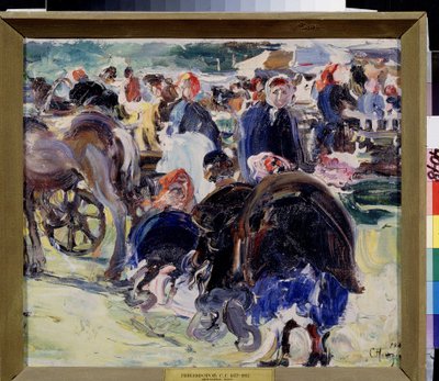 Een kermis. Marktplein in de provincie met boerinnen en handelaren. door Semen Gavriilovich Nikiforov