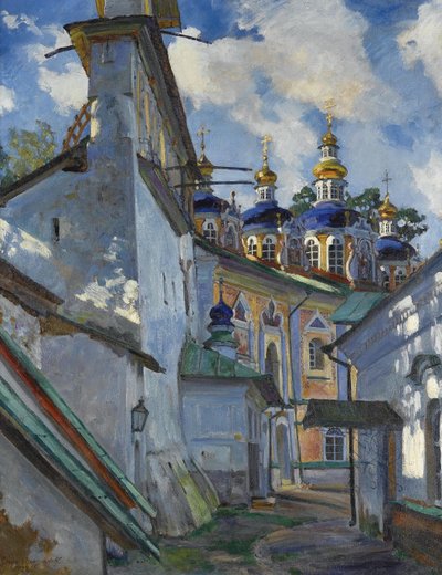 Uitzicht op het Pskovo-Pechersky-klooster door Sergei Arsenevich Vinogradov