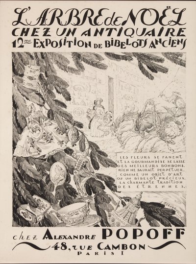 Kerstboom bij een antiquair, 12e tentoonstelling bij Alexandre Popoff, 1933 door Sergei Vasilevich Chekhonin