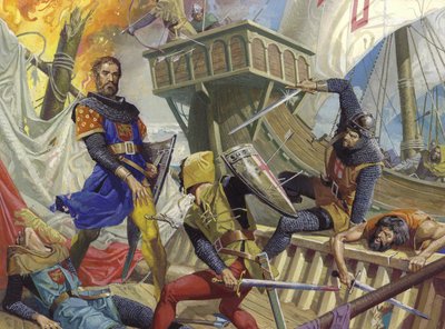 Marco Polo gevangen door de Genuees, 20e eeuw (gouache op papier) door Severino Baraldi