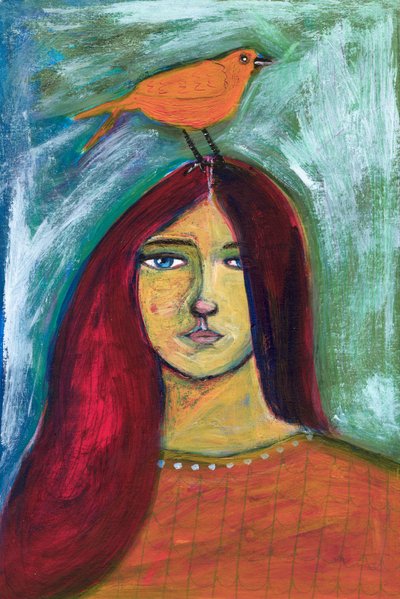 Vrouw met oranje vogel door Sharyn Bursic