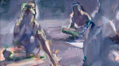 Meisje in het park, 2024 (olieverf op board) door Shaun Carey