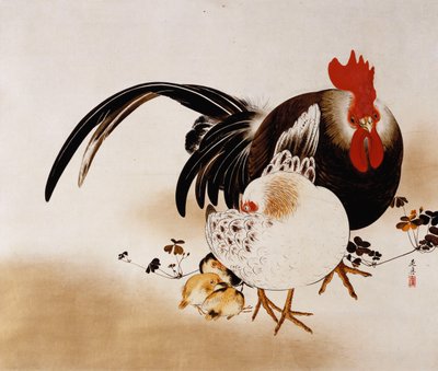 Hangende rol die een haan, hen en kuikens afbeeldt door Shibata Zeshin
