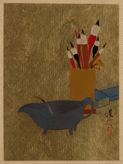 Ketel en doos met penselen door Shibata Zeshin