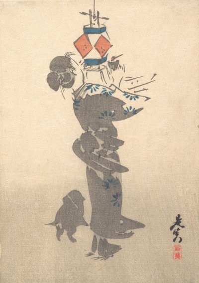 Een hangende lantaarn aansteken voor het Obon-festival, 1860 door Shibata Zeshin