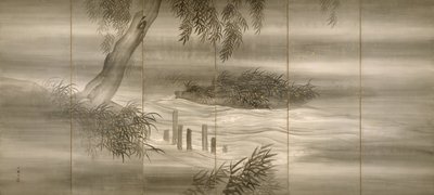 Rivierlandschap met vuurvliegjes door Shiokawa Bunrin