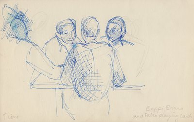 Beppi, Bruno en Fabio spelen kaarten, ca. 1950 door Shirley Markham