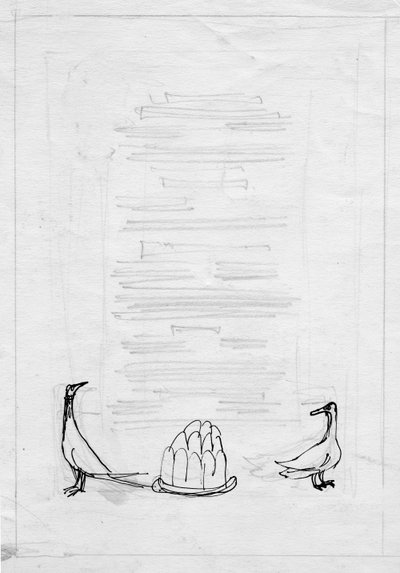 Vogels en gelei, menukaartontwerp, ca. 1950 door Shirley Markham
