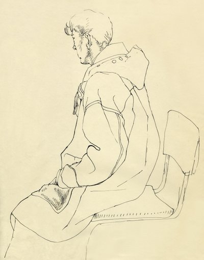 Zittende man in duffeljas, ca. 1952 door Shirley Markham