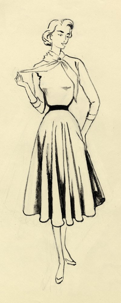 Vrouw in trui en volle rok, ca. 1950 door Shirley Markham