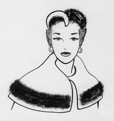 Vrouw met bont afgewerkte cape en bijpassende hoed, ca. 1950 door Shirley Markham