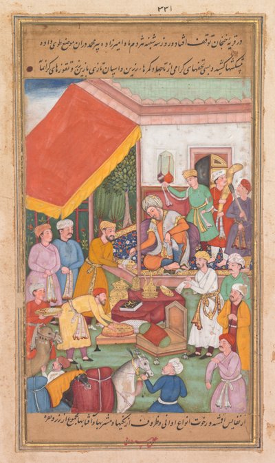 Timur verdeelt geschenken van zijn kleinzoon, de Prins van Multan, uit een Zafar-nama, 1598-1600 door Shravana