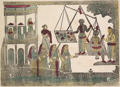 Krishna Gewogen tegen Kostbare Voorwerpen (?) (verso) door Shri Gobinda Chandra Roy
