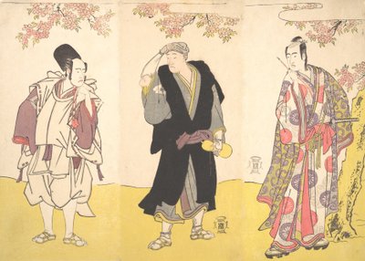 Kabuki-acteurs Ichikawa Yaozo III, Onoe Matsusuke I, en Sawamura Sojuro III, 11e maand, 1786 door Shunsho