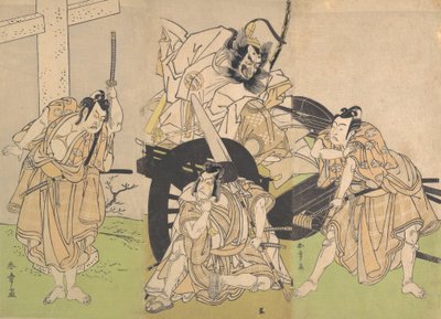 Kabuki-acteurs Ichikawa Yaozo II, Nakajima Mihoemon II, Ichikawa Ebizo III ..., 7e maand, 1776 door Shunsho