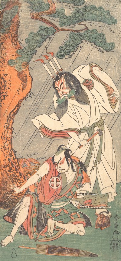 Kabuki-acteurs Ichimura Uzaemon IX als Ko-kakeyama en Otani Hiroji III als Koga Saburo door Shunsho
