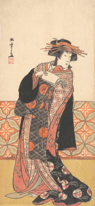 Nakamura Riko als Rijkelijk Geklede Courtisane Staand in een Kamer, ca. 1778 door Shunsho