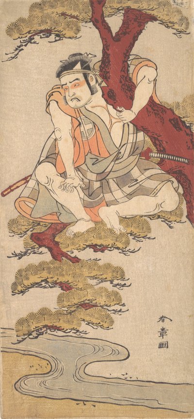 De acteur Otani Hiroemon III kijkt vanuit de takken van een dennenboom door Shunsho