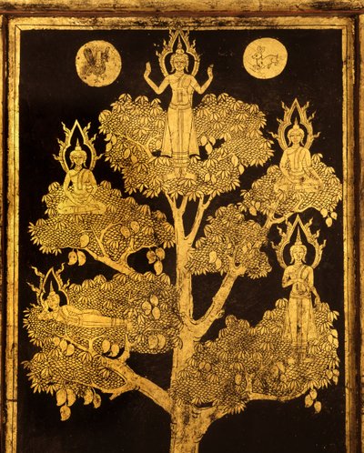 Achterpaneel van een manuscriptkast met boeddhistische scènes, waarschijnlijk late Ayutthaya-periode (gelakt en verguld hout) door Siamese School