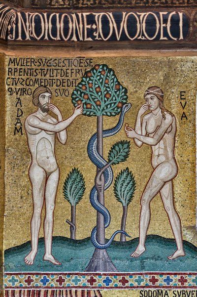 De Palatijnse Kapel (Basiliek), mozaïekcyclus van het Oude Testament, cyclus van de Schepping: "De Oerzonde", XII eeuw door Sicilian School