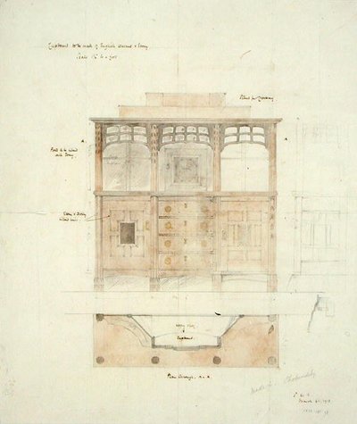 Ontwerp voor kast in Engels walnoot en ebbenhout door Sidney Barnsley