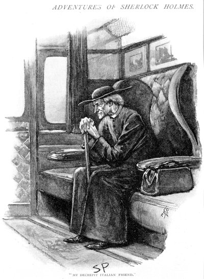 Arthur Conan Doyle Het avontuur van het laatste probleem Strand Magazine, Londen, 1893. Geïllustreerd door Sidney E. Paget (1860-1908), eerste kunstenaar die Holmes tekende. Holmes, als oude Italiaanse priester, wacht op de boottrein om uit Victoria Statio door Sidney Paget