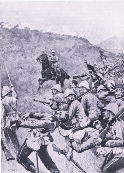 Langs Nek, 28 januari 1881 (1e Boerenoorlog), illustratie uit British Battles on Land and Sea, 1915 door Sidney Paget