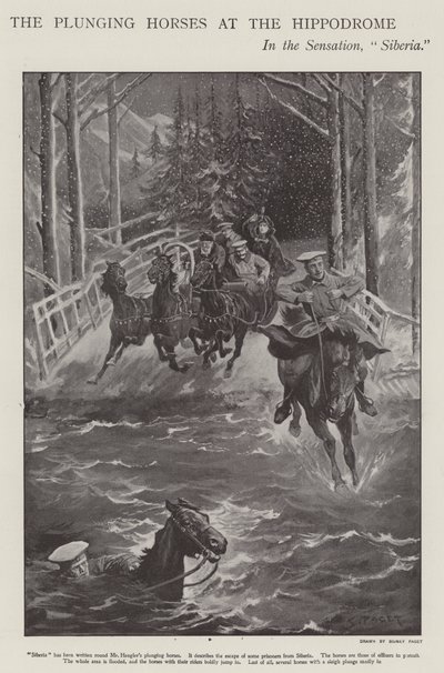 Steigerende paarden in Siberië, een voorstelling in het London Hippodrome door Sidney Paget