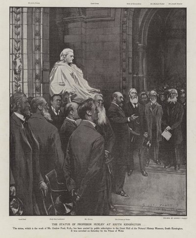 Het standbeeld van professor Thomas Henry Huxley in de Grote Hal van het Natuurhistorisch Museum, South Kensington, Londen (litho) door Sidney Paget