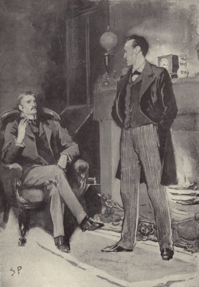Toen hij bij het vuur stond: scène uit het Sherlock Holmes-mysterie Een schandaal in Bohemen, door Arthur Conan Doyle door Sidney Paget