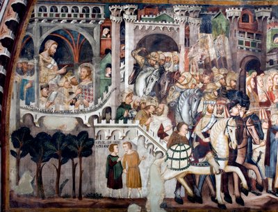 Detail van een fresco in de Bovenkerk die de beklimming naar Calvarieberg afbeeldt: links Jezus voor Pontius Pilatus door Sienese School