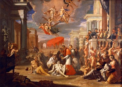 St. Charles Borromero dient de Heilige Communie toe aan pestslachtoffers in 1576, door Sigismund Caula door Sigismondo Caula