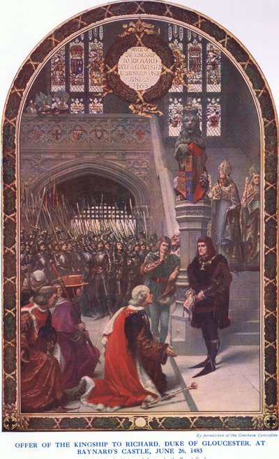 Aanbod van het koningschap aan Richard hertog van Gloucester in Baynards Castle, 26 juni 1483, uit Cassells History of the British People gepubliceerd door de Waverley Book Company Limited, ca. 1940 door Sigismund Christian Hubert Goetze