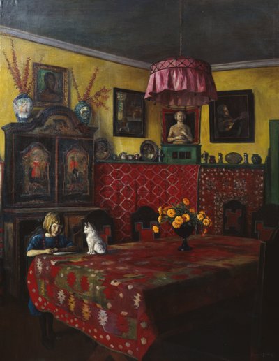 Interieur met meisje en kat door Sigmund Sinding