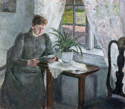 Interieur met lezende vrouw door Signe Scheel