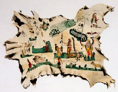 Inheems Amerikaans schilderij op dierenhuid, 19e eeuw door Silver Horn