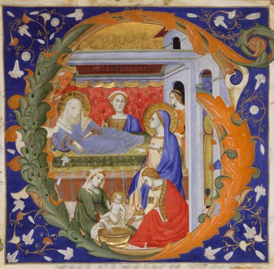 Manuscriptverlichting met de geboorte van de Maagd in een initiaal G, uit een Graduale door Silvestro dei Gherarducci
