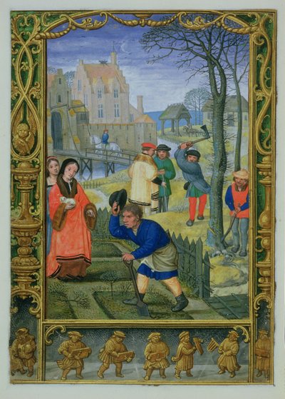 Maart: Tuinieren en bomen kappen, uit een Getijdenboek, of het Golfboek, c.1520-30 door Simon (workshop of) Bening