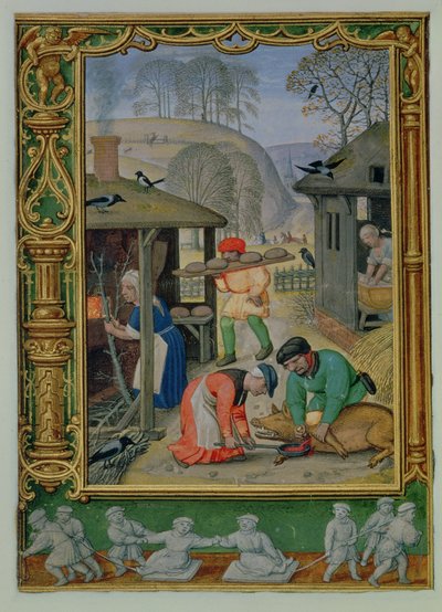 December: Voedsel bereiden voor de winter, brood maken en een varken slachten, uit een Getijdenboek, of het Golfboek, c.1520-30 door Simon (workshop of) Bening