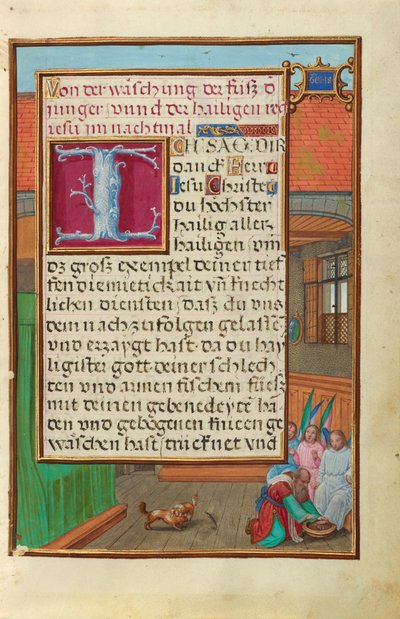 Grens met Abraham die de voeten van de drie engelen wast door Simon Bening