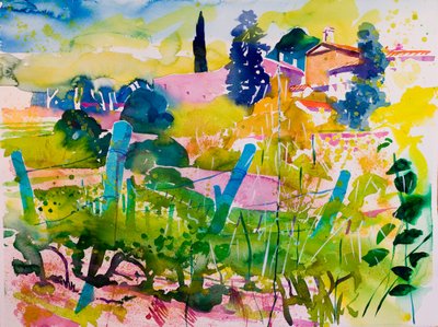 Een tempel en wijnranken (aquarel op papier) door Simon Fletcher