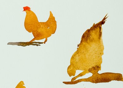 Kippen, één scharrelt, 2013 (aquarel) door Simon Fletcher